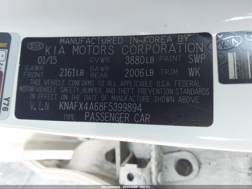 2015 Kia Forte VIN KNAFX4A68F5399894 IAAI salvage auction — NORMAL WEAR, Salvage (California), sold $450 on 2026-07-29 (photo 9)