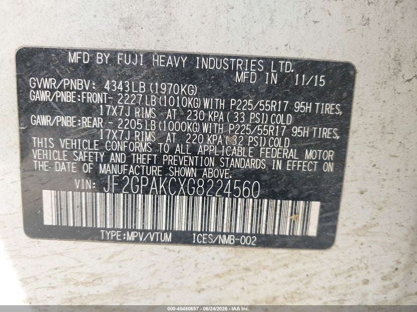 2016 Subaru VIN JF2GPAKCXG8224560 IAAI salvage auction — NORMAL WEAR, Original (Texas), sold $1,725 on 2026-07-29 (photo 9)
