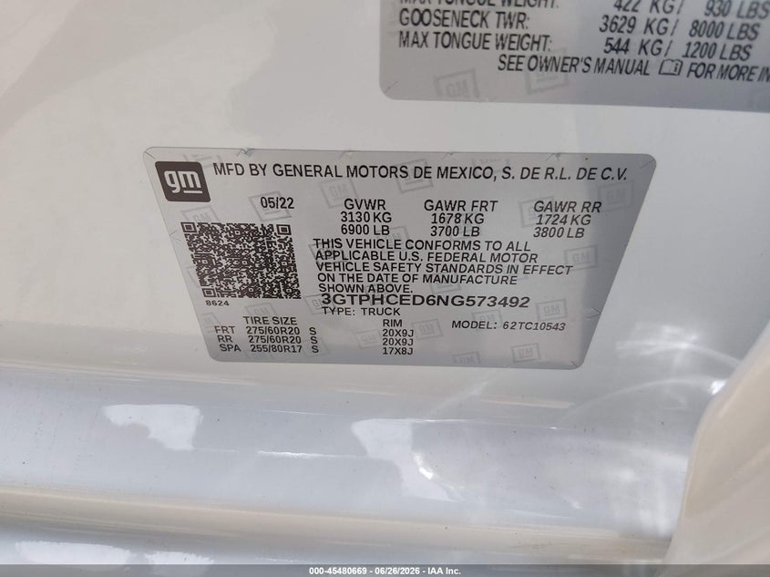 2022 Gmc Sierra 1500 VIN 3GTPHCED6NG573492 IAAI salvage auction — THEFT, Original (Texas), sold $13,725 on 2026-07-29 (photo 9)