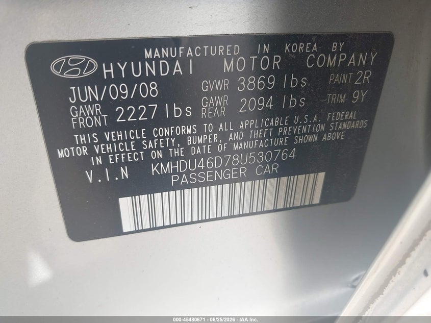 2008 Hyundai Elantra VIN KMHDU46D78U530764 IAAI salvage auction — FRONT END, Salvage (Pennsylvania), sold $375 on 2026-07-10 (photo 9)