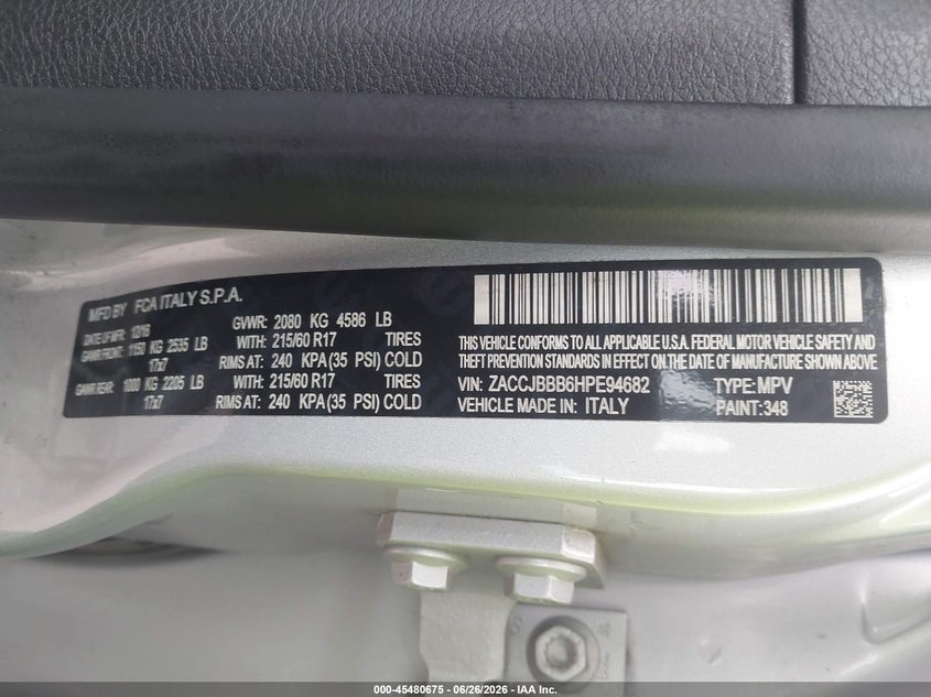 2017 Jeep Renegade VIN ZACCJBBB6HPE94682 IAAI salvage auction — FRONT END, Salvage (Pennsylvania), sold $400 on 2026-08-04 (photo 9)