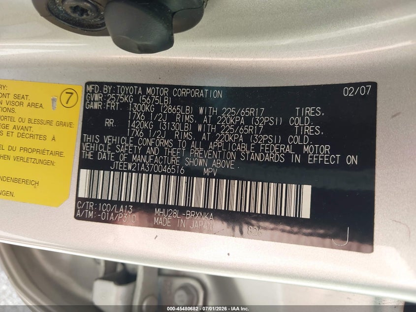 2007 Toyota Highlander hybrid VIN JTEEW21A370046516 IAAI salvage auction — NORMAL WEAR, Clear (Indiana), sold $1,000 on 2026-07-30 (photo 9)