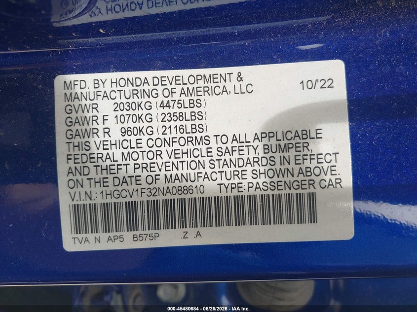 2022 Honda Accord VIN 1HGCV1F32NA088610 IAAI salvage auction — LEFT REAR, Clear (Arkansas), sold $8,600 on 2026-07-29 (photo 9)