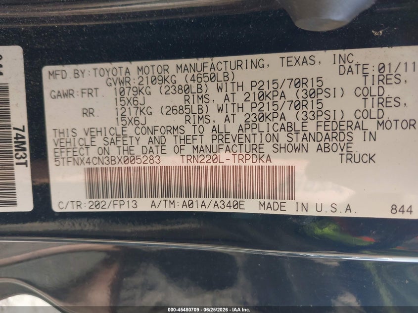 2011 Toyota Tacoma VIN 5TFNX4CN3BX005283 IAAI salvage auction — NORMAL WEAR, Clear (Massachusetts), sold $2,250 on 2026-07-28 (photo 9)