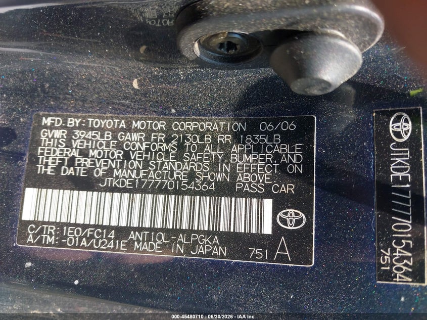 2007 Scion Tc VIN JTKDE177770154364 IAAI salvage auction — SIDE, Salvage (North Carolina), sold $250 on 2026-07-16 (photo 9)