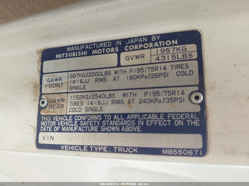 1988 Dodge Ram VIN JB7FL29E3JP103398 IAAI salvage auction — NORMAL WEAR, Original (Texas), sold $275 on 2026-07-13 (photo 9)
