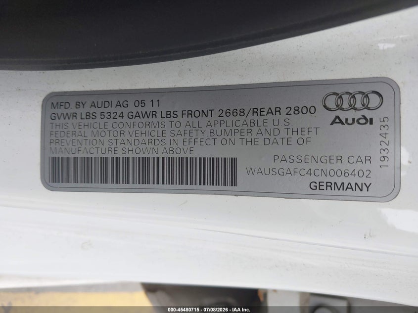 2012 Audi A7 VIN WAUSGAFC4CN006402 IAAI salvage auction — NORMAL WEAR, Clear - Dealer Only (California), sold $675 on 2026-07-29 (photo 9)