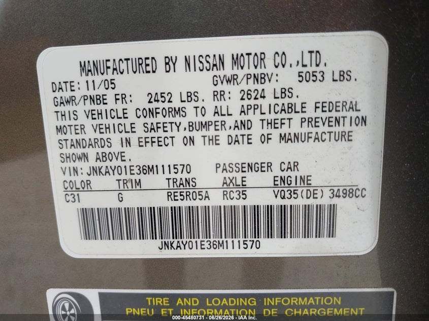 2006 Infiniti M35 VIN JNKAY01E36M111570 IAAI salvage auction — REAR END, Salvage (Pennsylvania), sold $350 on 2026-07-24 (photo 9)