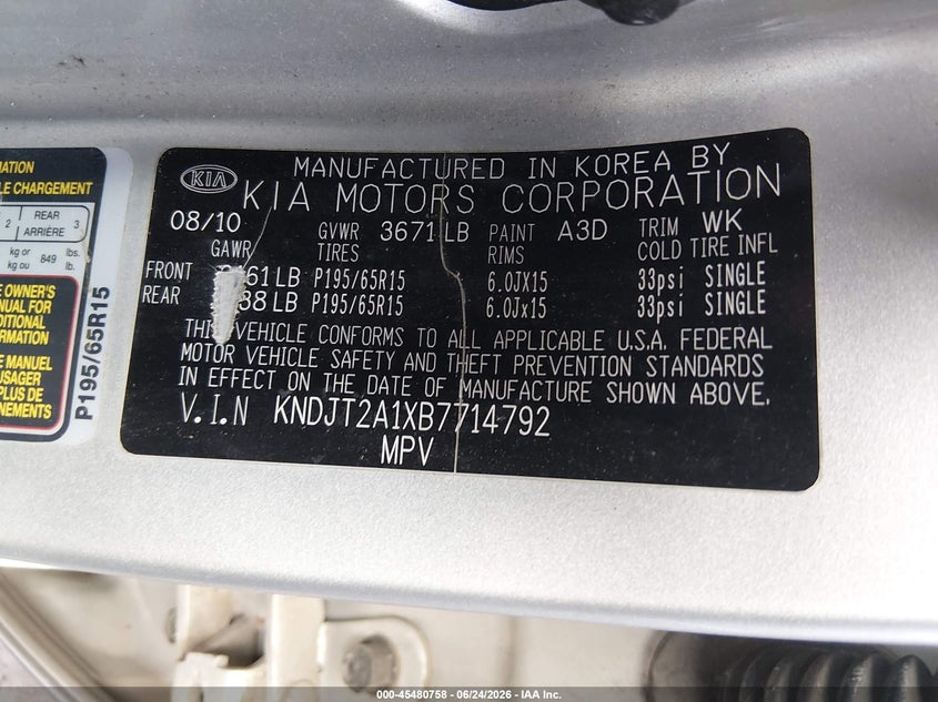 2011 Kia Soul VIN KNDJT2A1XB7714792 IAAI salvage auction — NORMAL WEAR, Original (Ohio), sold $525 on 2026-07-23 (photo 9)
