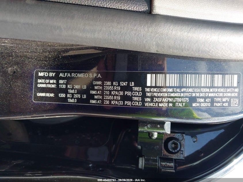 2018 Alfa romeo Stelvio VIN ZASFAKPN1J7B91075 IAAI salvage auction — FRONT & REAR, Salvage Title, sold $1,200 on 2026-07-21 (photo 9)