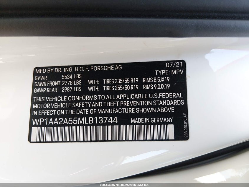 2021 Porsche Macan VIN WP1AA2A55MLB13744 IAAI salvage auction — FRONT END, Salvage Title, sold $16,000 on 2026-07-29 (photo 9)