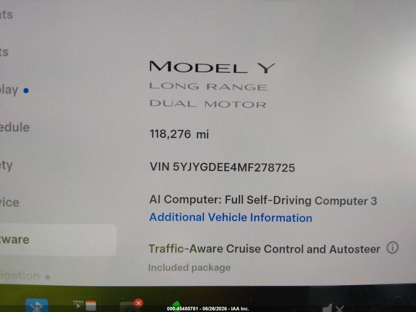2021 Tesla Model y VIN 5YJYGDEE4MF278725 IAAI salvage auction — REAR END, Salvage Title, sold $9,500 on 2026-08-01 (photo 7)