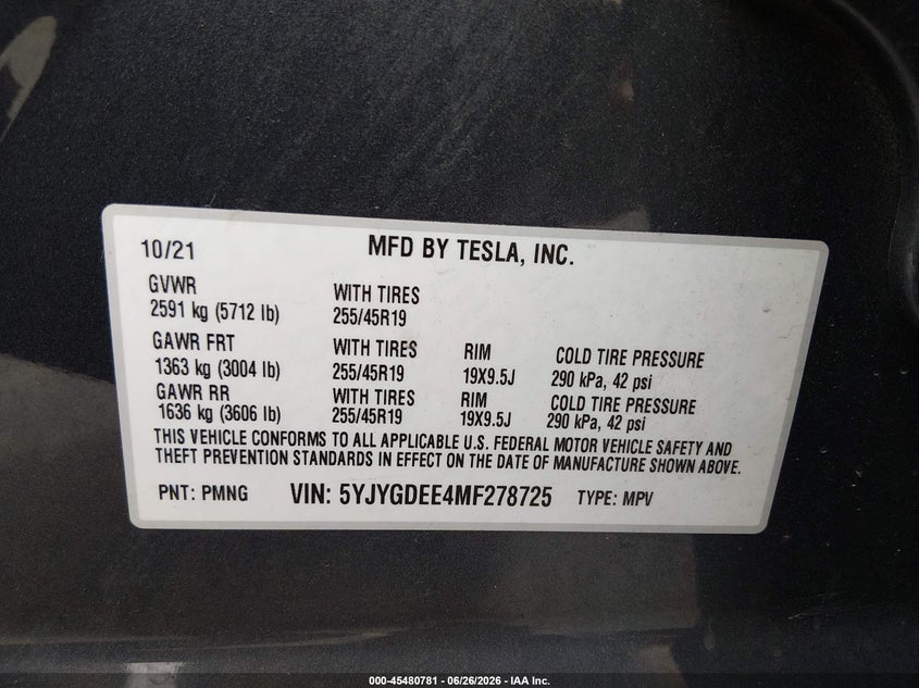 2021 Tesla Model y VIN 5YJYGDEE4MF278725 IAAI salvage auction — REAR END, Salvage Title, sold $9,500 on 2026-08-01 (photo 9)
