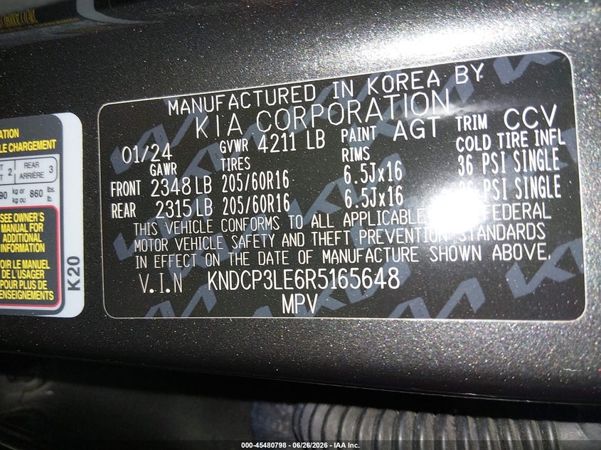2024 Kia Niro VIN KNDCP3LE6R5165648 IAAI salvage auction — LEFT REAR, Salvage Title, sold $7,600 on 2026-07-17 (photo 9)