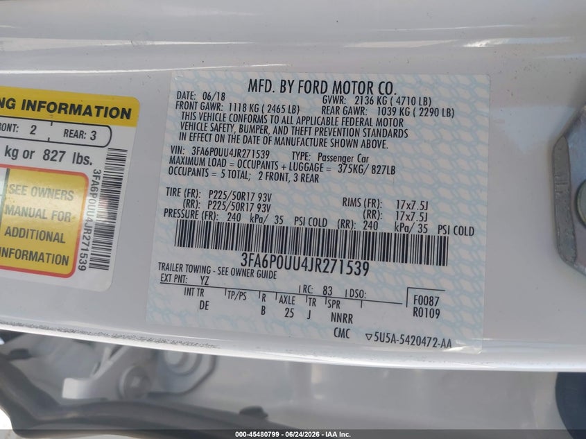 2018 Ford Fusion VIN 3FA6P0UU4JR271539 IAAI salvage auction — NORMAL WEAR, Sf97 (California), sold $8,700 on 2026-07-28 (photo 9)