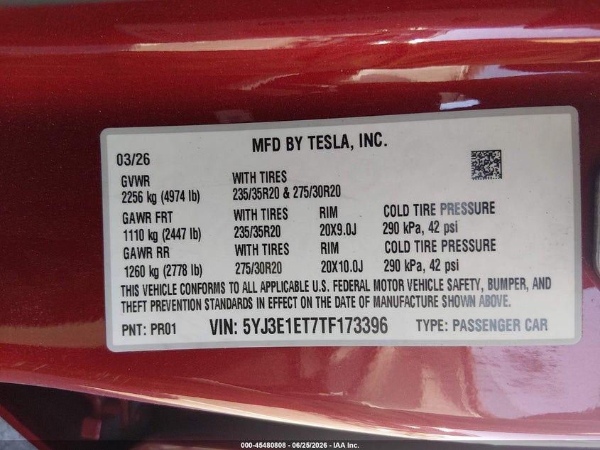 2026 Tesla Model 3 VIN 5YJ3E1ET7TF173396 IAAI salvage auction — LEFT SIDE, Wait Title, sold $22,050 on 2026-09-03 (photo 9)