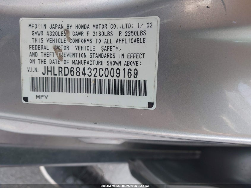 2002 Honda Cr-v VIN JHLRD68432C009169 IAAI salvage auction — LEFT FRONT, Rebuildable (Florida), sold $25 on 2026-07-13 (photo 9)