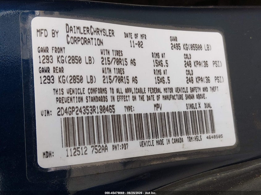 2003 Dodge Grand caravan VIN 2D4GP24353R190465 IAAI salvage auction — NORMAL WEAR, Clear (Washington), sold $25 on 2026-07-08 (photo 9)