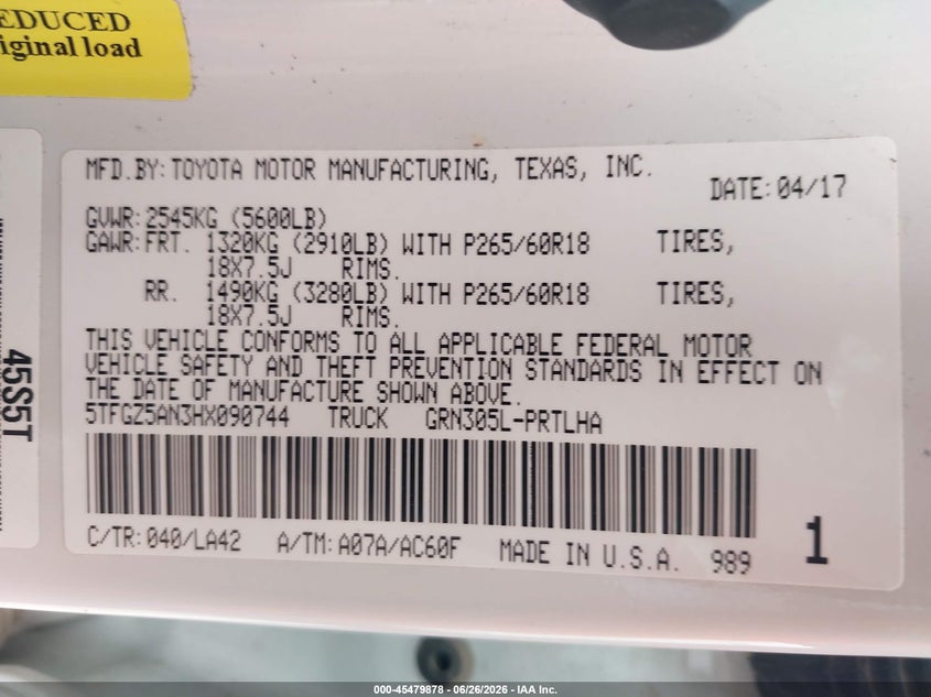 2017 Toyota Tacoma VIN 5TFGZ5AN3HX090744 IAAI salvage auction — LEFT SIDE, Original (Texas), sold $8,800 on 2026-07-29 (photo 9)
