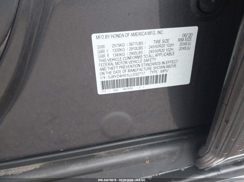 2020 Acura Mdx VIN 5J8YD4H51LL032717 IAAI salvage auction — FRONT END, Salvage (Massachusetts), sold $8,600 on 2026-08-21 (photo 9)