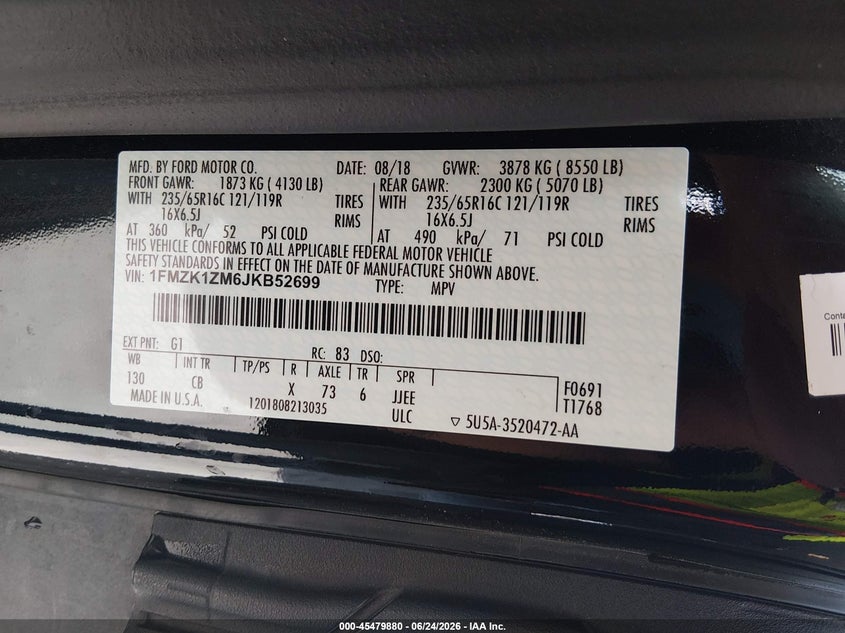2018 Ford Transit 150 VIN 1FMZK1ZM6JKB52699 IAAI salvage auction — NORMAL WEAR, Sf97 (California), sold $20,275 on 2026-07-30 (photo 9)