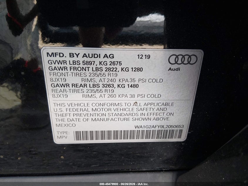 2020 Audi Q5 VIN WA1G2AFY9L2050653 IAAI salvage auction — REAR END, Bill Of Sale (Georgia), sold $7,200 on 2026-07-17 (photo 9)