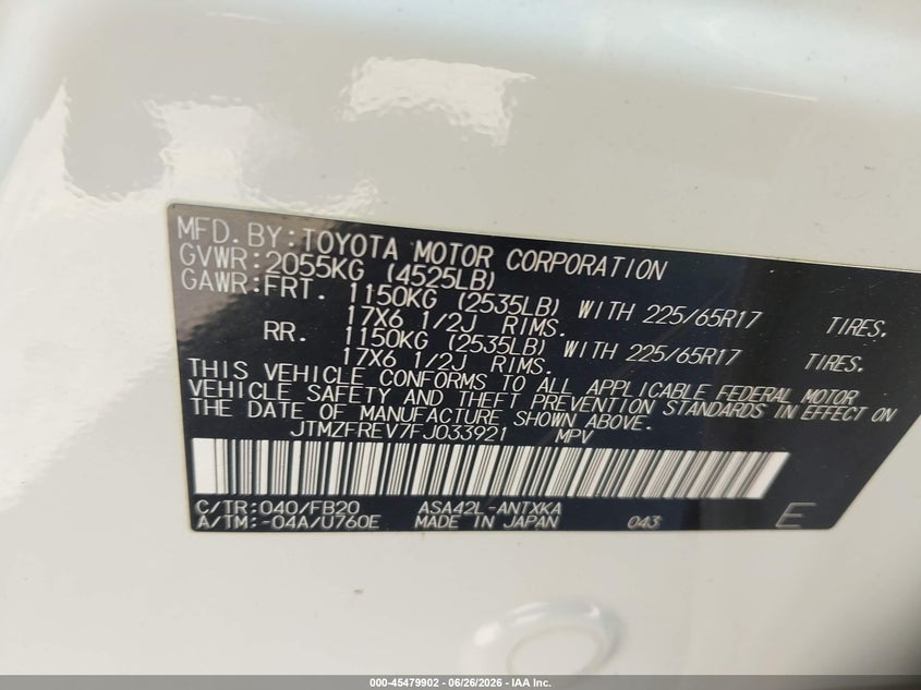 2015 Toyota Rav 4 VIN JTMZFREV7FJ033921 IAAI salvage auction — FRONT END, Salvage Title, sold $3,275 on 2026-07-15 (photo 9)