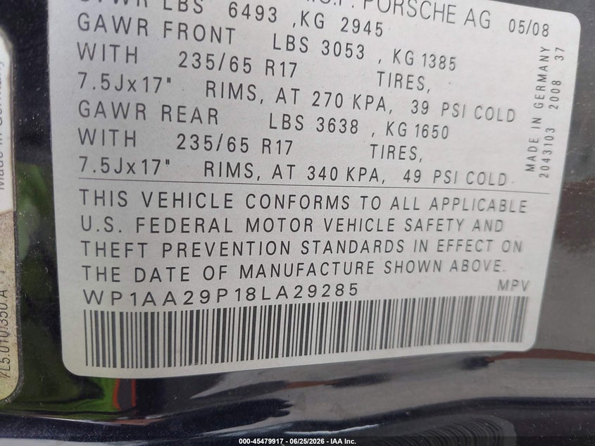 2008 Porsche Cayenne VIN WP1AA29P18LA29285 IAAI salvage auction — REAR END, Salvage (Pennsylvania), sold $425 on 2026-07-15 (photo 9)