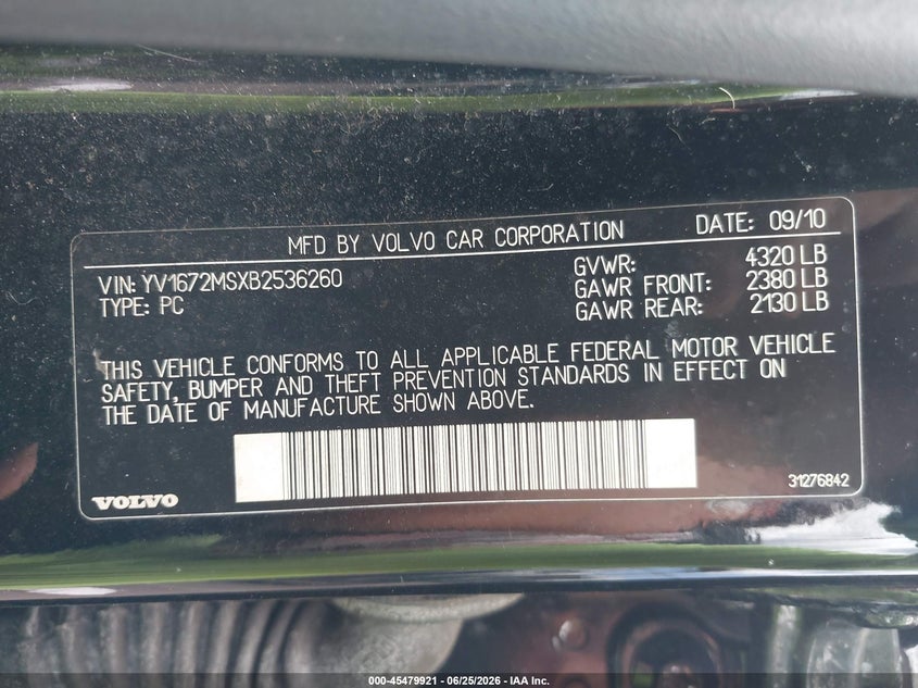 2011 Volvo S40 VIN YV1672MSXB2536260 IAAI salvage auction — NORMAL WEAR, Clear (Hawaii), sold $275 on 2026-07-28 (photo 9)