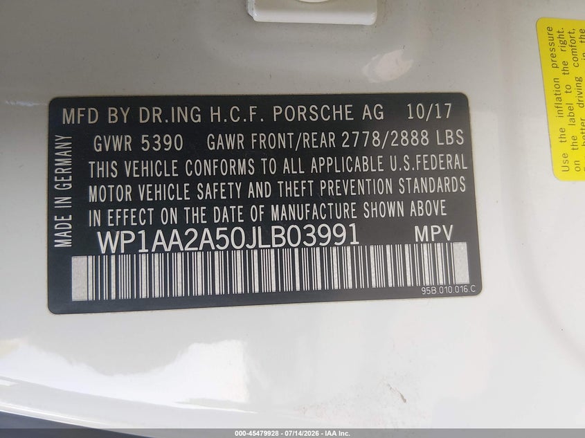 2018 Porsche Macan VIN WP1AA2A50JLB03991 IAAI salvage auction — NORMAL WEAR, Clear (Pennsylvania), sold $3,050 on 2026-07-27 (photo 9)