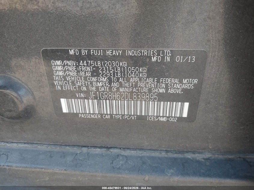 2013 Subaru Impreza wrx VIN JF1GR8H62DL839895 IAAI salvage auction — NORMAL WEAR, Clear - Dealer Only (California), sold $2,500 on 2026-07-14 (photo 9)