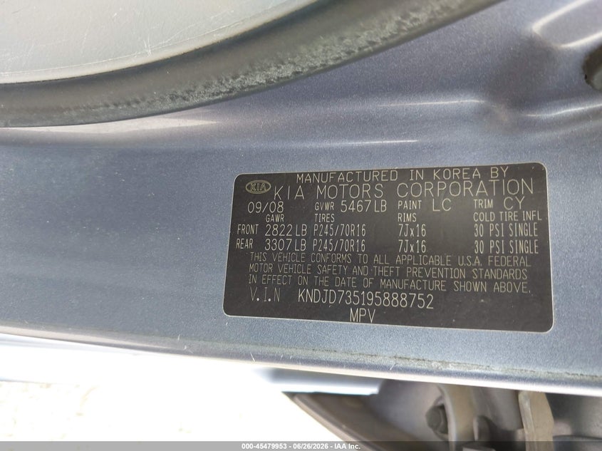 2009 Kia Sorento VIN KNDJD735195888752 IAAI salvage auction — REAR END, Salvage (Texas), sold $1,150 on 2026-07-08 (photo 9)