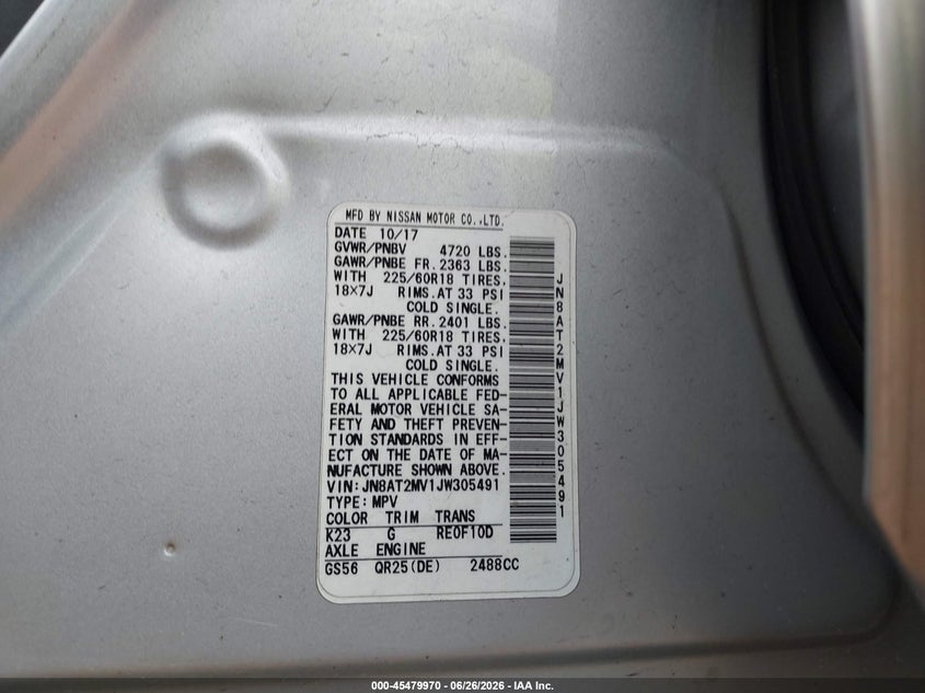 2018 Nissan Rogue VIN JN8AT2MV1JW305491 IAAI salvage auction — FRONT END, Nrc Lienholder Repossession Paperwork (North Carolina), sold $450 on 2026-07-27 (photo 9)