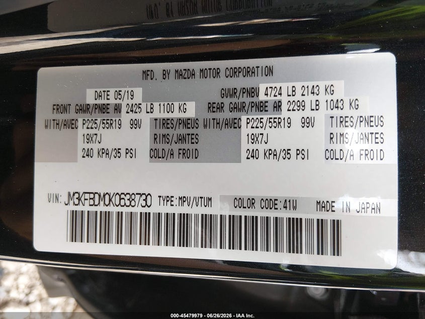 2019 Mazda Cx-5 VIN JM3KFBDM0K0638730 IAAI salvage auction — REAR END, Salvage (Arkansas), sold $5,300 on 2026-07-18 (photo 9)