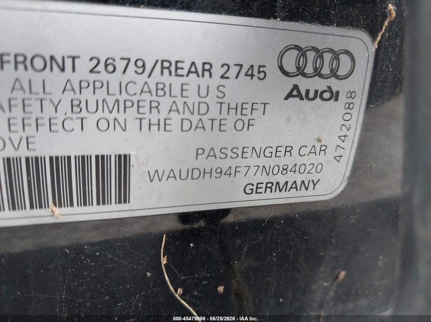 2007 Audi A6 VIN WAUDH94F77N084020 IAAI salvage auction — REAR END, Salvage (Pennsylvania), sold $400 on 2026-07-15 (photo 9)