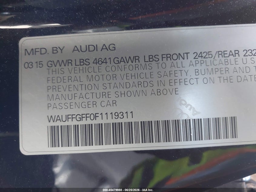 2015 Audi S3 VIN WAUFFGFF0F1119311 IAAI salvage auction — FRONT END, Salvage (Pennsylvania), sold $3,050 on 2026-07-08 (photo 9)