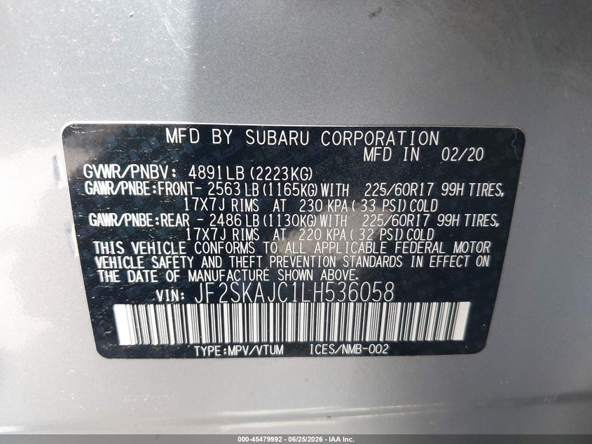2020 Subaru Forester VIN JF2SKAJC1LH536058 IAAI salvage auction — WATER/FLOOD, Salvage (Texas), sold $3,200 on 2026-07-30 (photo 9)