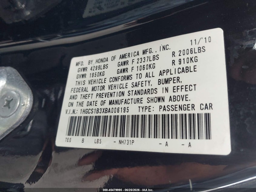 2011 Honda Accord VIN 1HGCS1B3XBA006195 IAAI salvage auction — FRONT & REAR, Salvage (California), sold $400 on 2026-07-09 (photo 9)