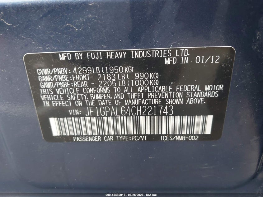 2012 Subaru Impreza VIN JF1GPAL64CH221743 IAAI salvage auction — LEFT REAR, Certificate Of Title (Nebraska), sold $2,150 on 2026-07-30 (photo 9)