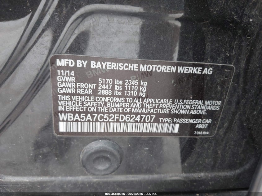 2015 BMW 5er VIN WBA5A7C52FD624707 IAAI salvage auction — RIGHT SIDE, Salvage (Illinois), sold $4,200 on 2026-08-25 (photo 9)