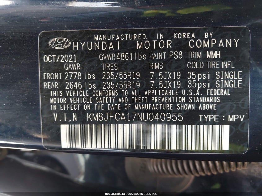 2022 Hyundai Tucson VIN KM8JFCA17NU040955 IAAI salvage auction — WATER/FLOOD, Salvage (Texas), sold $2,250 on 2026-07-16 (photo 9)