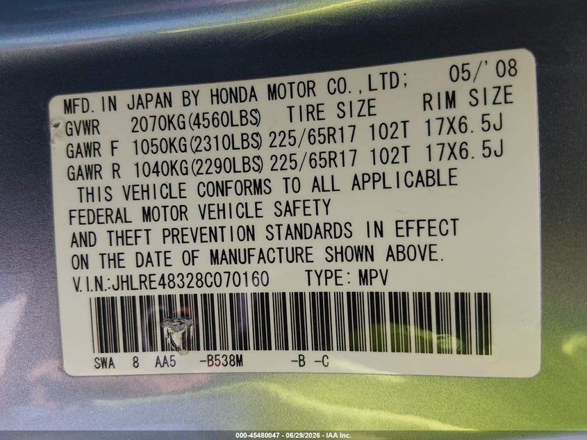 2008 Honda Cr-v VIN JHLRE48328C070160 IAAI salvage auction — FRONT END, Salvage (Texas), sold $1,150 on 2026-07-09 (photo 9)