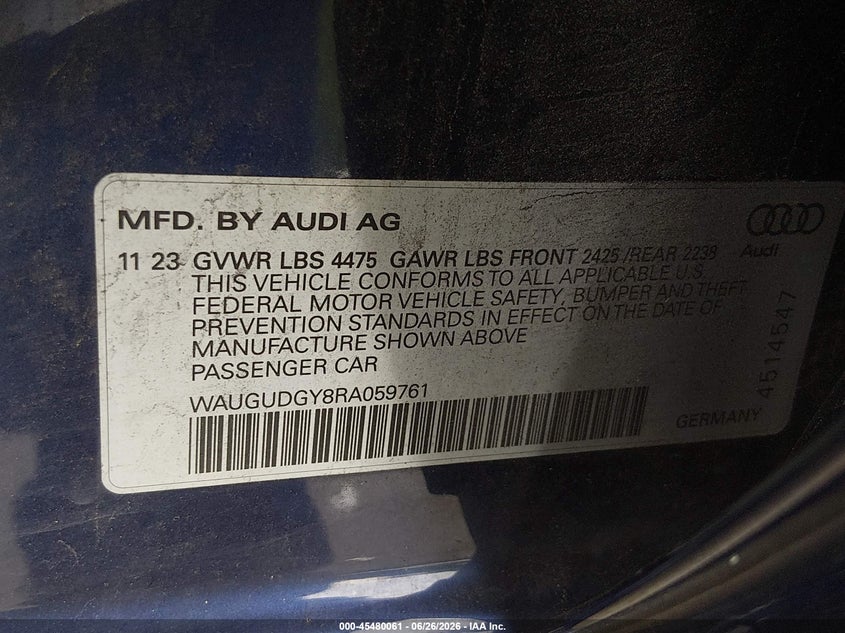 2024 Audi A3 VIN WAUGUDGY8RA059761 IAAI salvage auction — FRONT & REAR, Wait Title, sold $8,300 on 2026-08-31 (photo 9)