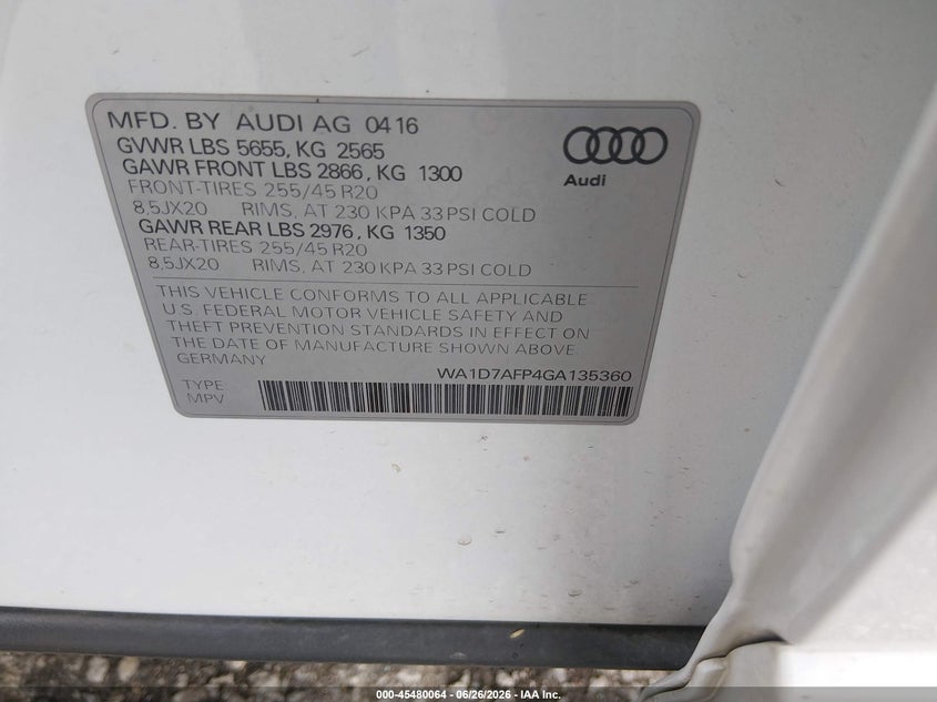 2016 Audi Q5 VIN WA1D7AFP4GA135360 IAAI salvage auction — FRONT END, Salvage (Missouri), sold $1,800 on 2026-07-23 (photo 9)