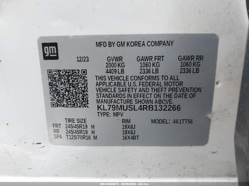 2024 Chevrolet Trailblazer VIN KL79MUSL4RB132266 IAAI salvage auction — LEFT FRONT, Salvage (Texas), sold $7,200 on 2026-08-01 (photo 9)