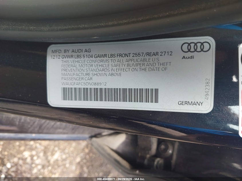 2013 Audi A6 VIN WAUGFAFC5DN088912 IAAI salvage auction — RIGHT SIDE, Salvage (Ohio), sold $1,550 on 2026-07-23 (photo 9)