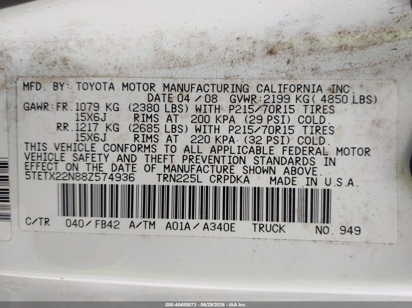 2008 Toyota Tacoma VIN 5TETX22N88Z574936 IAAI salvage auction — RIGHT REAR, Bill Of Sale (Washington), sold $3,050 on 2026-07-29 (photo 9)
