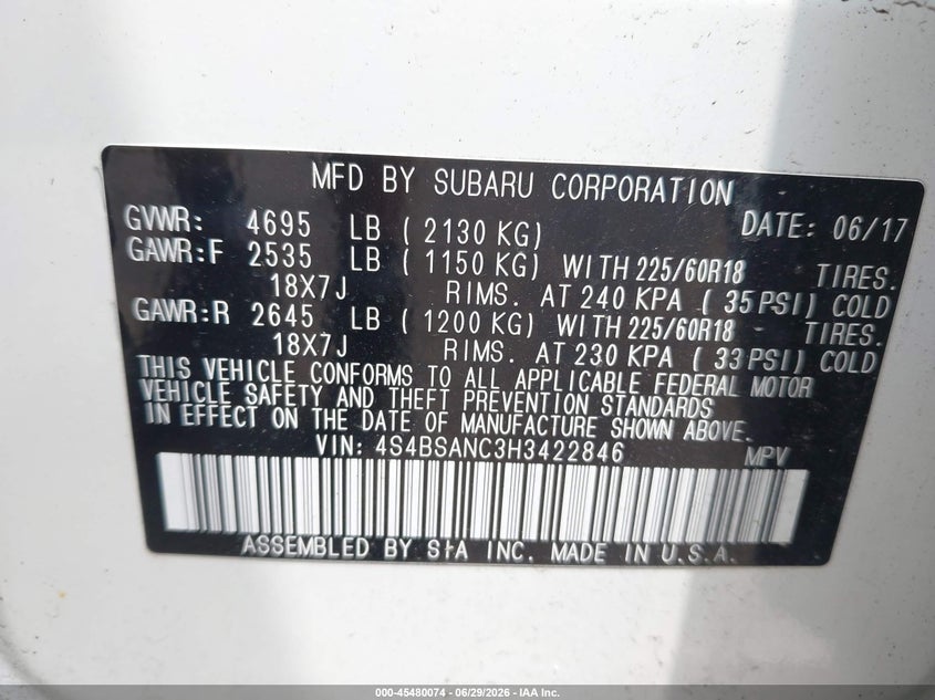 2017 Subaru Outback VIN 4S4BSANC3H3422846 IAAI salvage auction — REAR END, Salvage (Idaho), sold $2,950 on 2026-08-01 (photo 9)