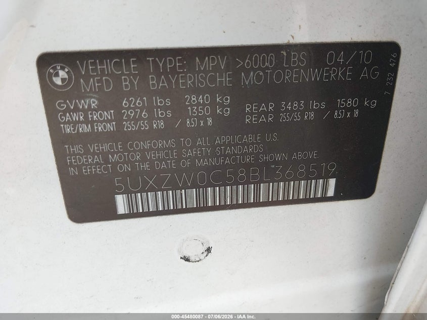 2011 BMW X5 VIN 5UXZW0C58BL368519 IAAI salvage auction — RIGHT SIDE, Clear (Arkansas), sold $200 on 2026-07-30 (photo 9)