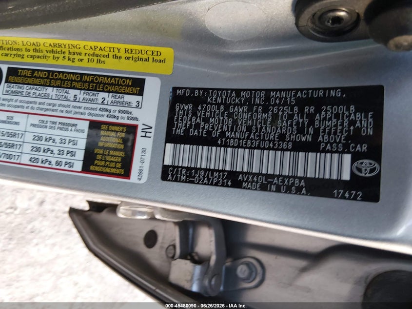 2015 Toyota Avalon VIN 4T1BD1EB3FU043368 IAAI salvage auction — SIDE, Salvage Title, sold $2,800 on 2026-07-18 (photo 9)